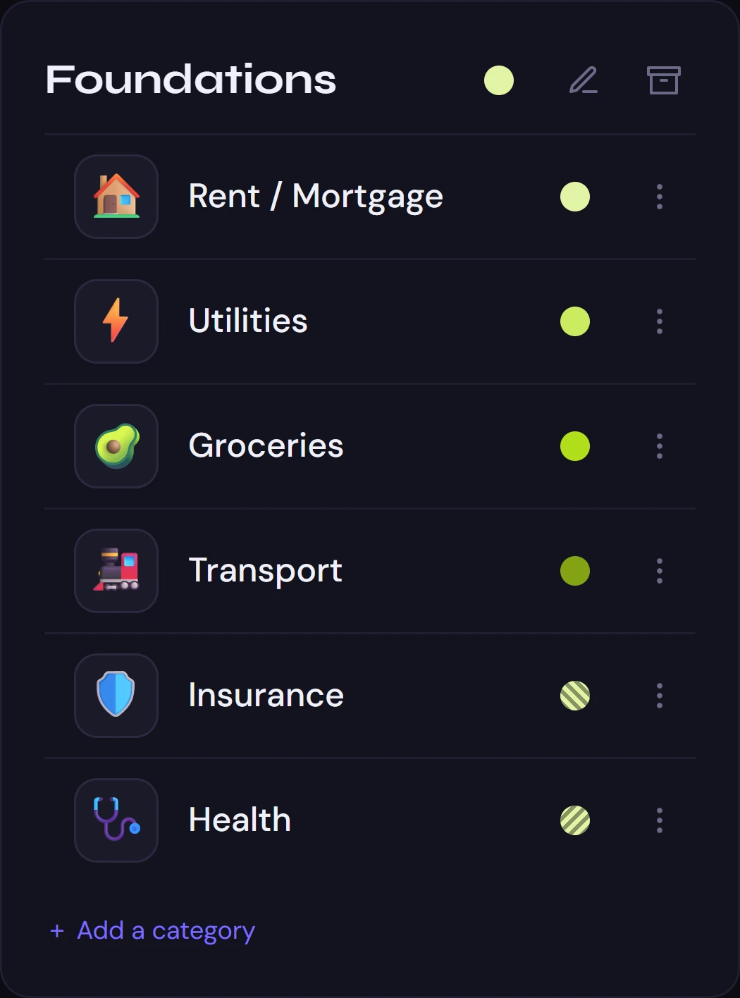 A group of categories, Foundations: Rent / Mortgage, Utilities, Groceries and more, each with its own emoji and colour.